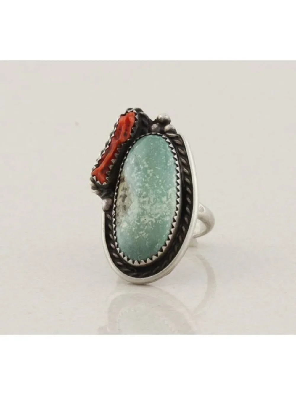 Sterling Silver Natural Turquoise & Coral Ring Size 7